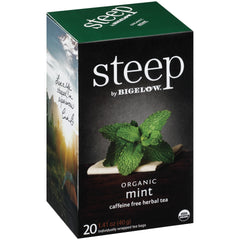 Bigelow Tea front packaging showing mint blend and organic label, clear product identity benefit