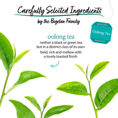 Bigelow close-up of tea bag and tag revealing leaf texture and quality