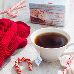 Bigelow peppermint bark foil wrapped tea bag detail preserving freshness and aroma