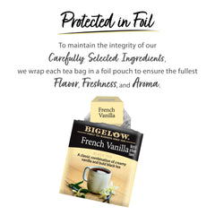 Bigelow tea being poured into a mug for creamy vanilla enjoyment
