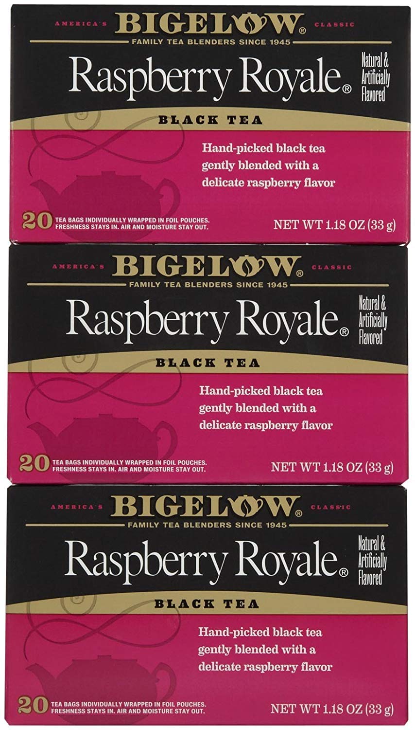 Bigelow Raspberry Royale front packaging showing three boxed 20-count packs for convenience