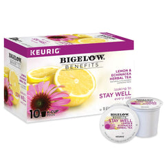 Bigelow Stay Well front box showing 10 K-Cup pods and branding, convenient freshness
