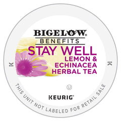 Single Bigelow Stay Well K-Cup pod next to foil seal, easy Keurig brewing