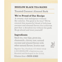 Bigelow brewed cup in a kitchen setting, suggests comforting almond-coconut flavor