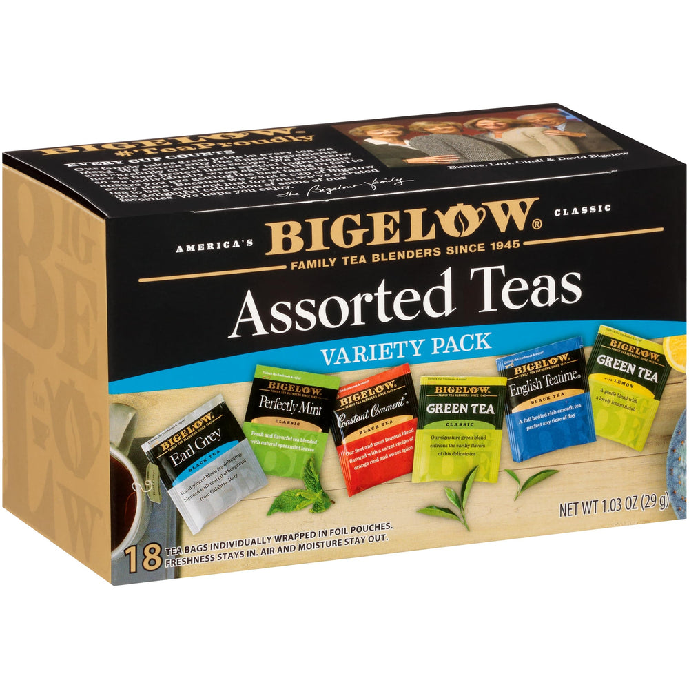 Bigelow Tea front packaging showing six flavor assortment and benefit of variety
