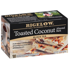Bigelow toasted coconut almond bark front box showing branding and flavor benefits