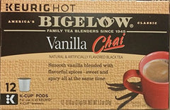 Bigelow Vanilla Chai front packaging showing K-Cup box and quick flavorful brewing