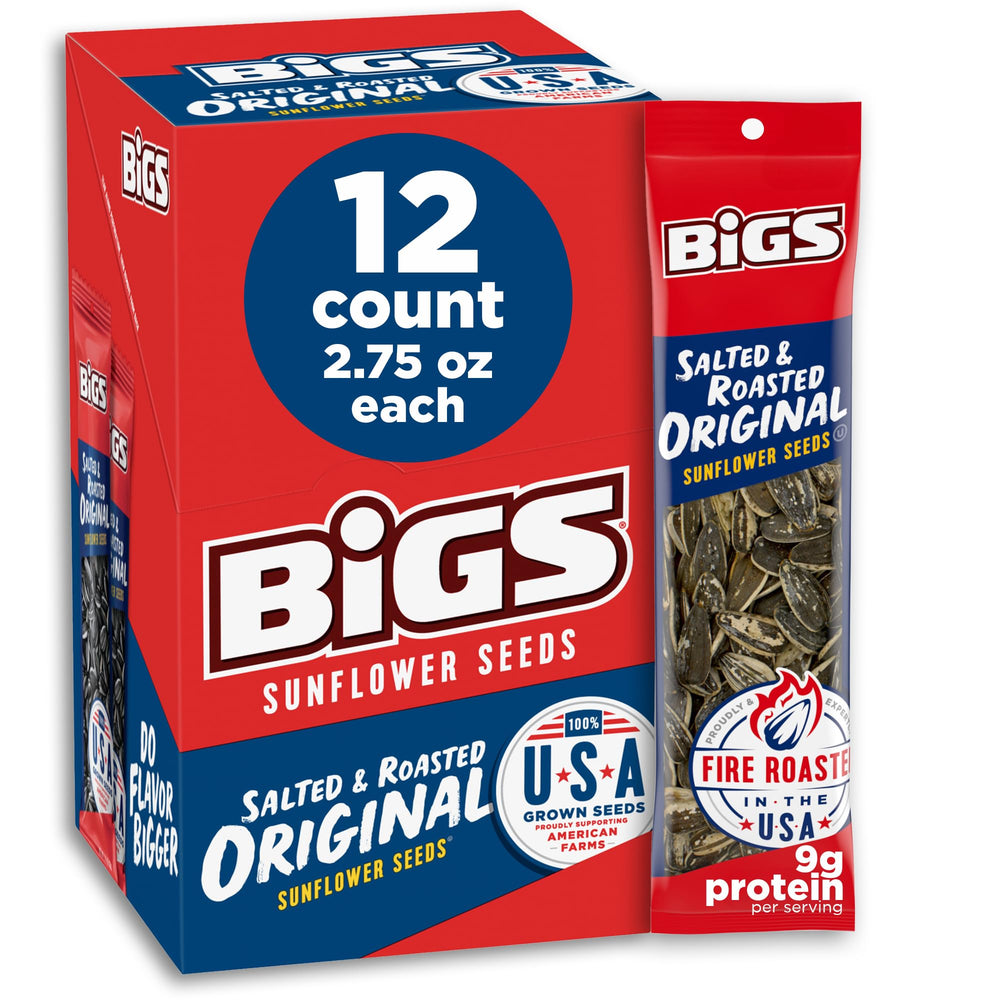 BIGS front packaging showing resealable 2.75 oz bag and easy portability