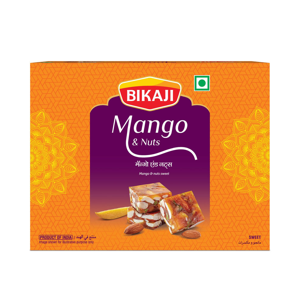 BIKAJI front packaging showing mango dryfruit barfi box and branding, excellent gift-ready presentation