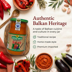 Biljana label closeup highlighting ingredients and authentic ajvar heritage benefit