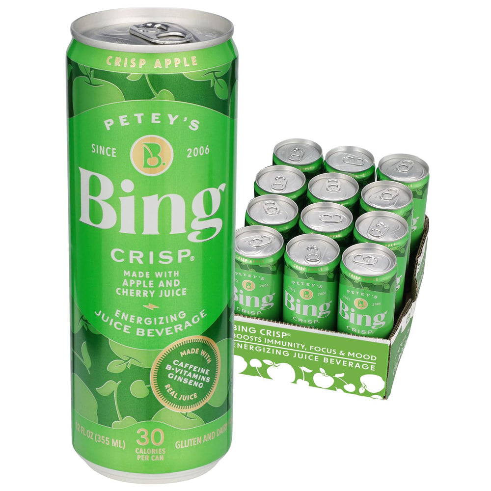Bing crisp front packaging showing apple and cherry flavor and low sugar benefit