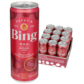 Bing front can showing raspberry flavor and branding, highlights refreshing taste