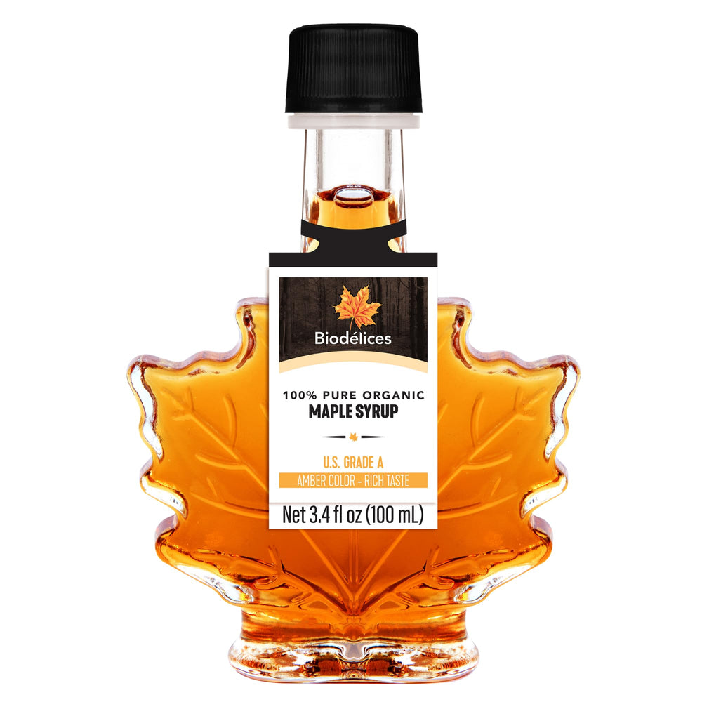 BIODELICES maple leaf bottle front view showing elegant packaging and pure syrup