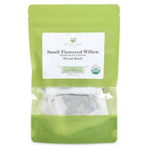 Biokoma front packaging showing organic willow tea and resealable pouch benefit freshness