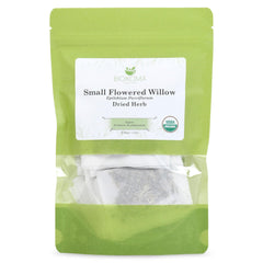 Biokoma front packaging showing organic willow tea and resealable pouch benefit freshness