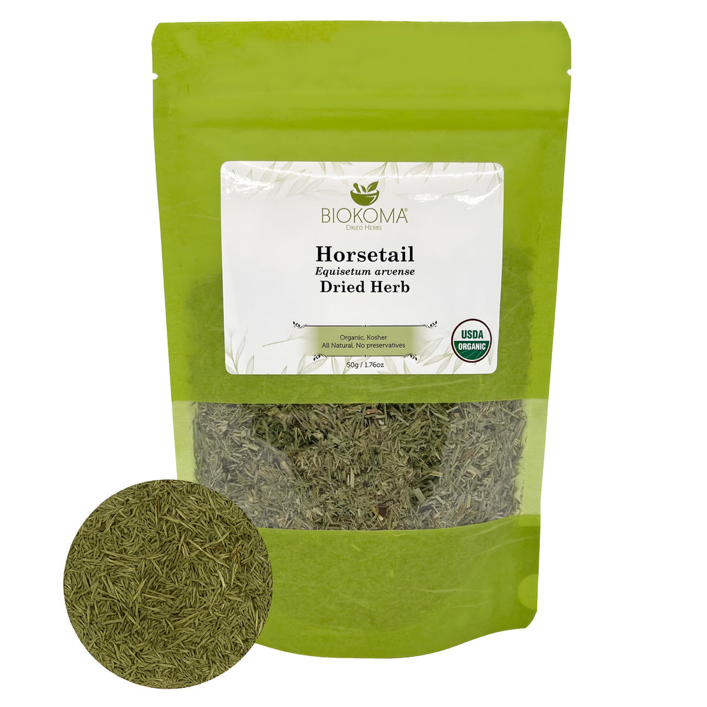Biokoma front pouch showing organic horsetail, highlights freshness benefit