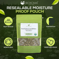 Biokoma brewed cup of willow herb tea showing clear golden infusion benefit