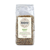Biona front packaging of 250 g hemp seeds showing label and resealable pouch for convenience