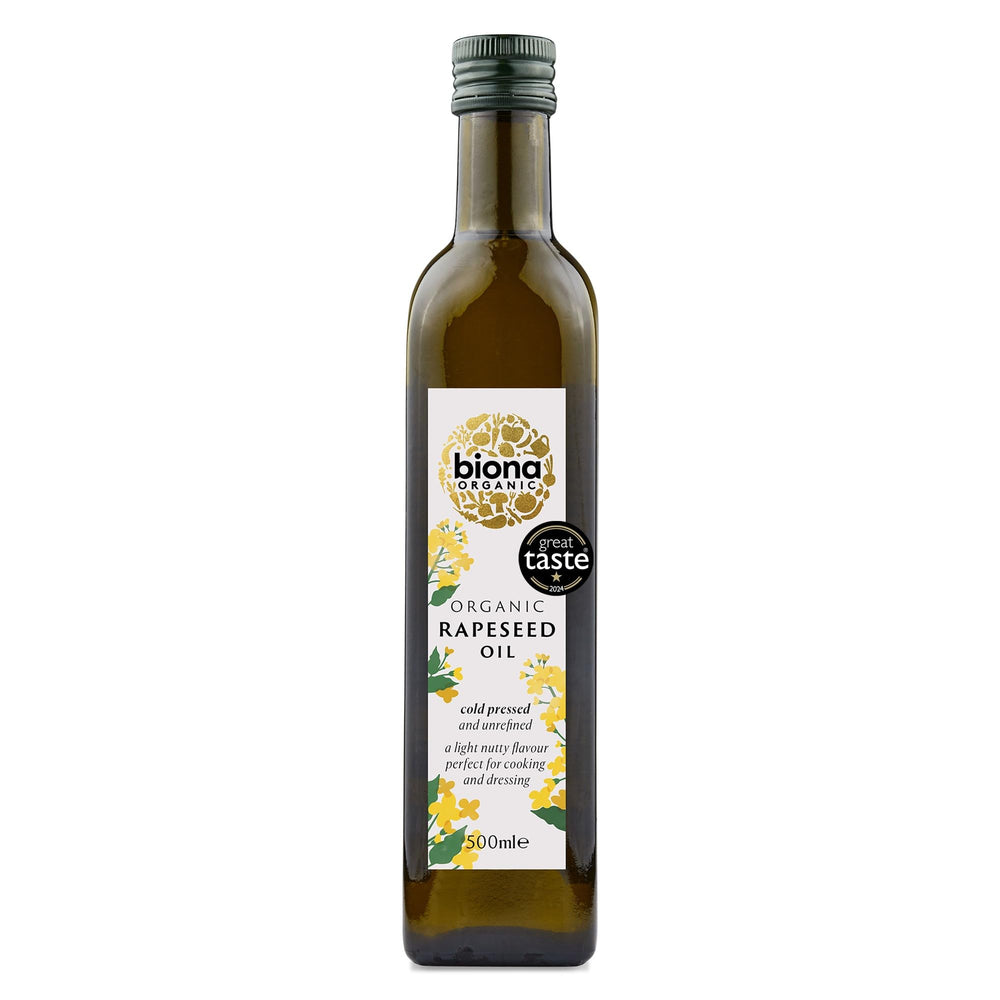 Biona rapeseed oil front bottle showing label and organic benefit