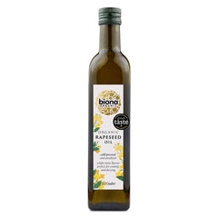 Biona rapeseed oil front bottle showing label and organic benefit