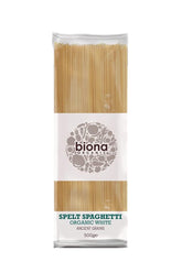 Biona front packaging showing organic white spelt spaghetti and clear benefit of natural ingredients