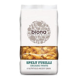 Biona white spelt fusilli front pack showing organic label and product benefits