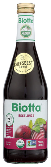 Biotta beet juice front label showing brand and pure beet benefit