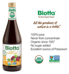 Biotta Breuss glass bottle close-up highlighting recyclable glass and pasteurized clarity benefit
