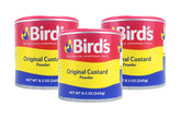 Bird's front packaging showing three 250g tins for pantry convenience