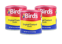 Bird's front packaging showing three 250g tins for pantry convenience