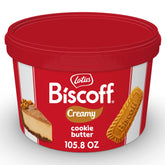 Biscoff front pail showing creamy spread and convenient bulk size