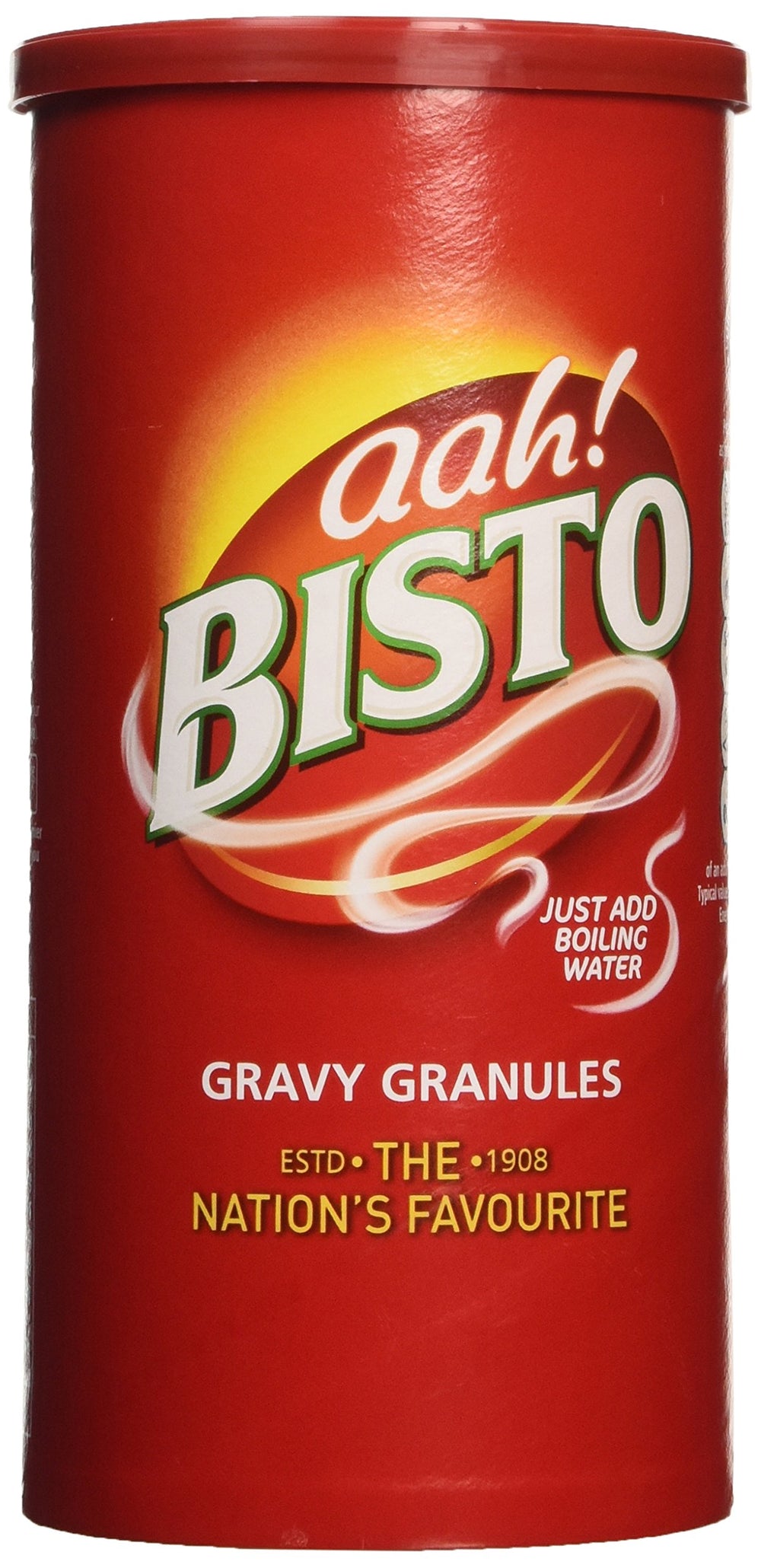 Bisto tub front view showing label and weight, clear product identity and convenience