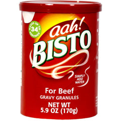 Bisto canister front view showing label and size, fast pantry gravy solution