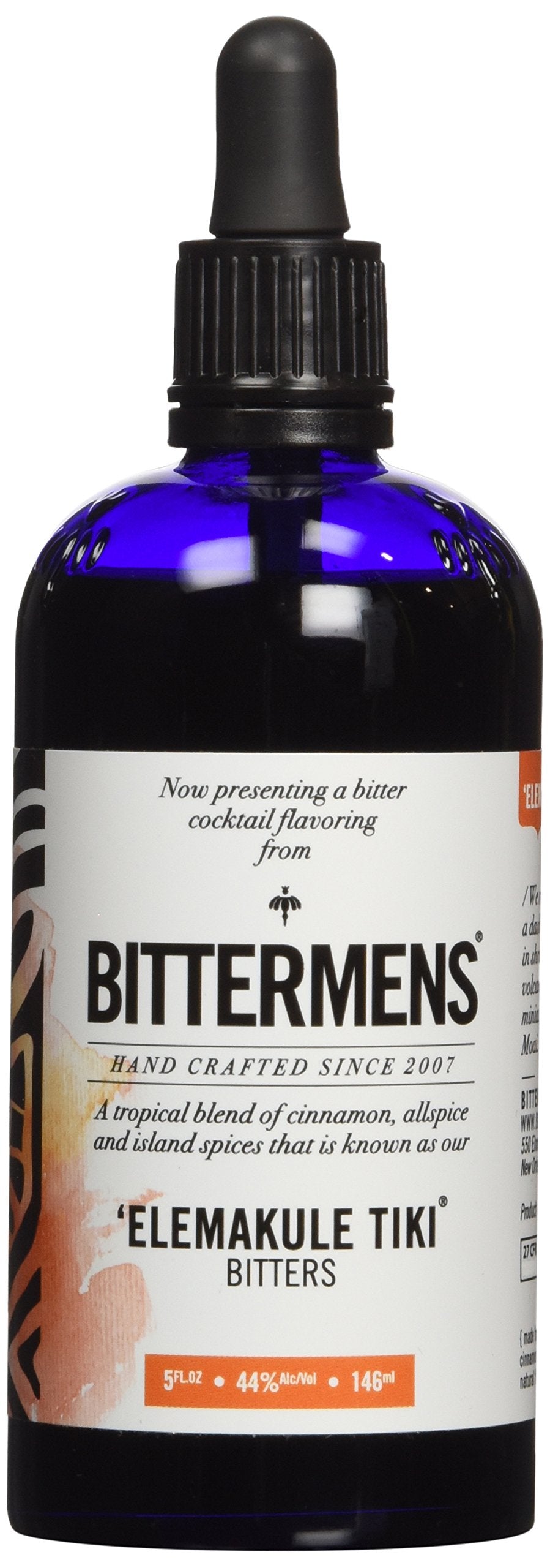 Bittermens Elemakule Tiki Bitters front bottle shot showing label and pourer for precise dosing
