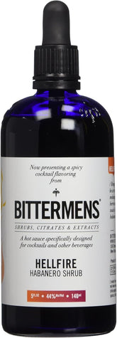 Bittermens Hellfire front bottle showing label and pourer, highlights bar-ready design