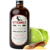 Bittermilk No.5 front bottle showing premium mixer branding and glass-ready look