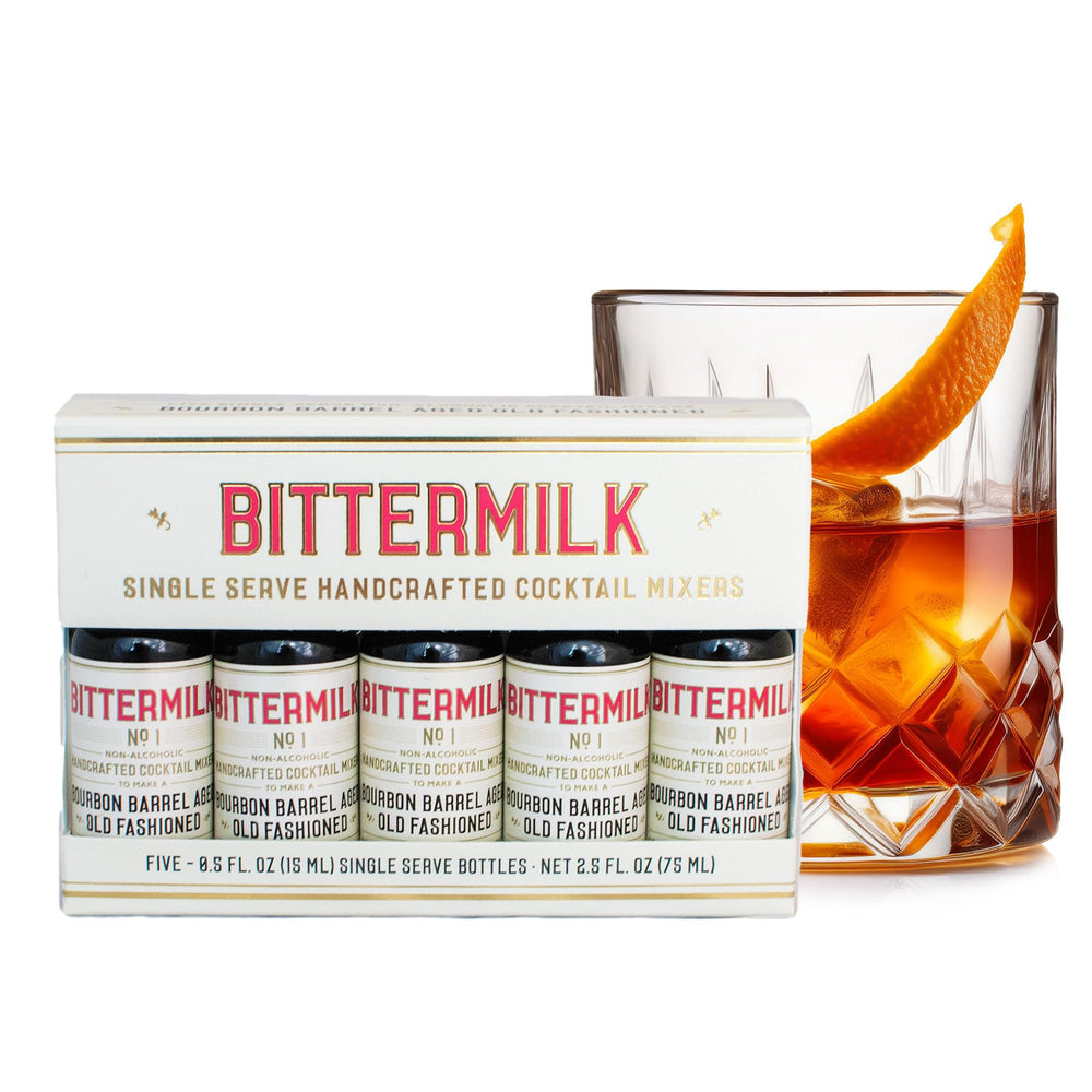 Bittermilk front view of single serve Old Fashioned pack showing branding and five vials