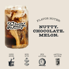 Bizzy decaf bag label detail showing roast and water process for informed choice