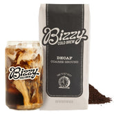 Bizzy decaf front packaging showing 1 lb bag and product branding for easy recognition