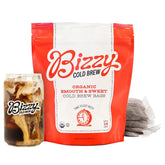 Bizzy front packaging showing organic cold brew brew bags and branding benefits