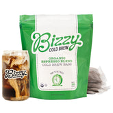 Bizzy front packaging showing 4-count brew bags and organic labeling for easy brewing