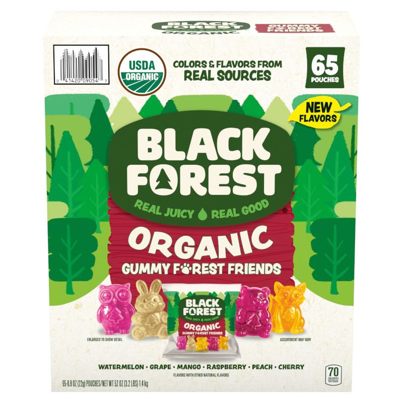 Black Forest front packaging showing 65-count organic pouch box and benefits