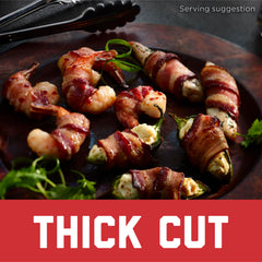 Black Label close-up of thick-cut bacon texture highlighting meaty bite