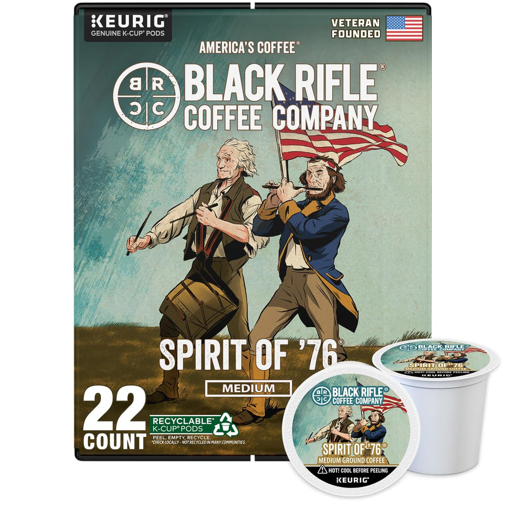 Black Rifle Coffee front packaging showing Spirit of 76 22-count for grab-and-go freshness