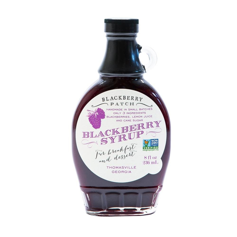 Blackberry Patch bottle front view showing label and rich blackberry syrup for flavorful topping