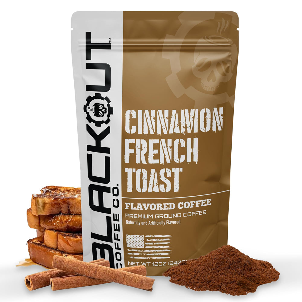 Blackout Coffee Co. front packaging showing cinnamon french toast flavor, enticing aroma benefit
