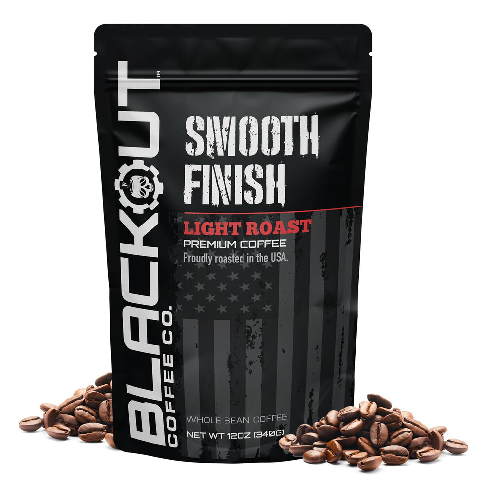 Blackout Coffee front package showing light roast branding and 12 oz weight benefit