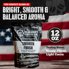 Blackout Coffee Co. ground texture shot showing light roast grind and smooth mouthfeel