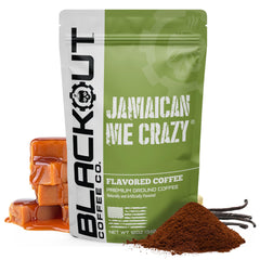 Blackout Coffee Jamaican Me Crazy front packaging showing 12 oz bag and branding benefit aroma
