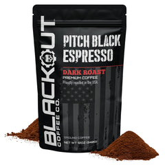 Blackout Coffee front packaging showing Pitch Black Espresso for bold flavor